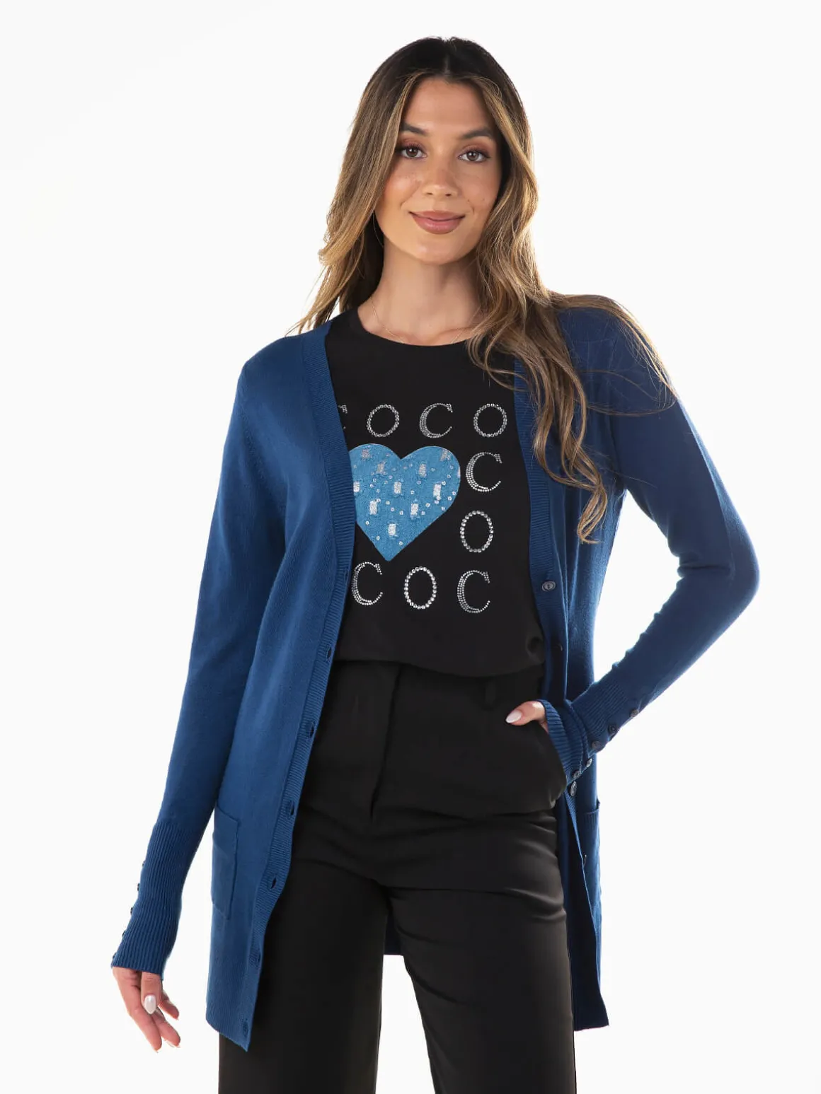 Casaco malha comprido com bolsos