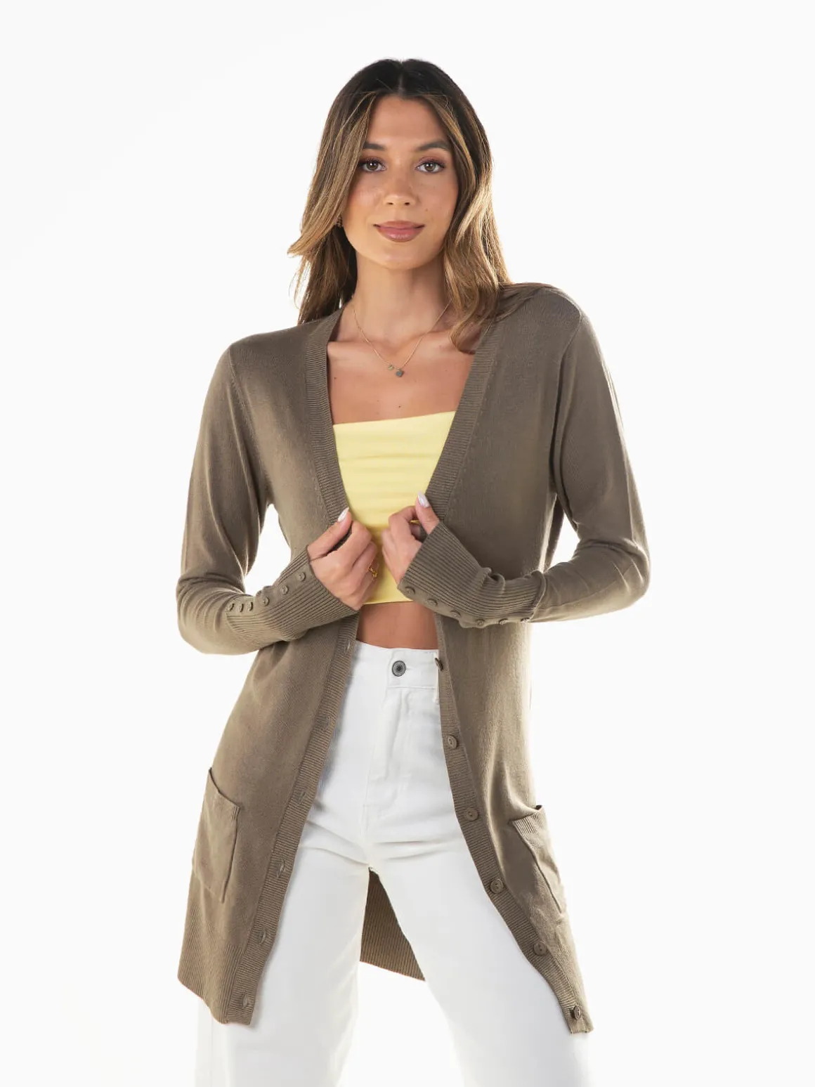 Casaco malha comprido com bolsos