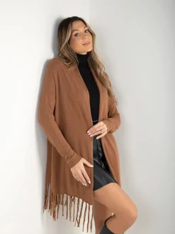 Casaco malha fina aberto com franjas