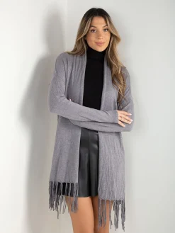 Casaco malha fina aberto com franjas