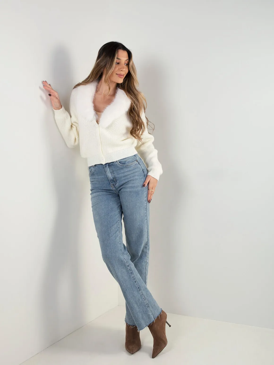 Casaco malha pérola com pelo removível