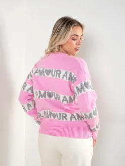 Casaco malha rosa com padrão contraste