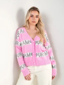 Casaco malha rosa com padrão contraste