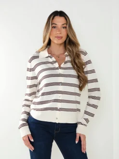 Casaco malha às riscas gola polo