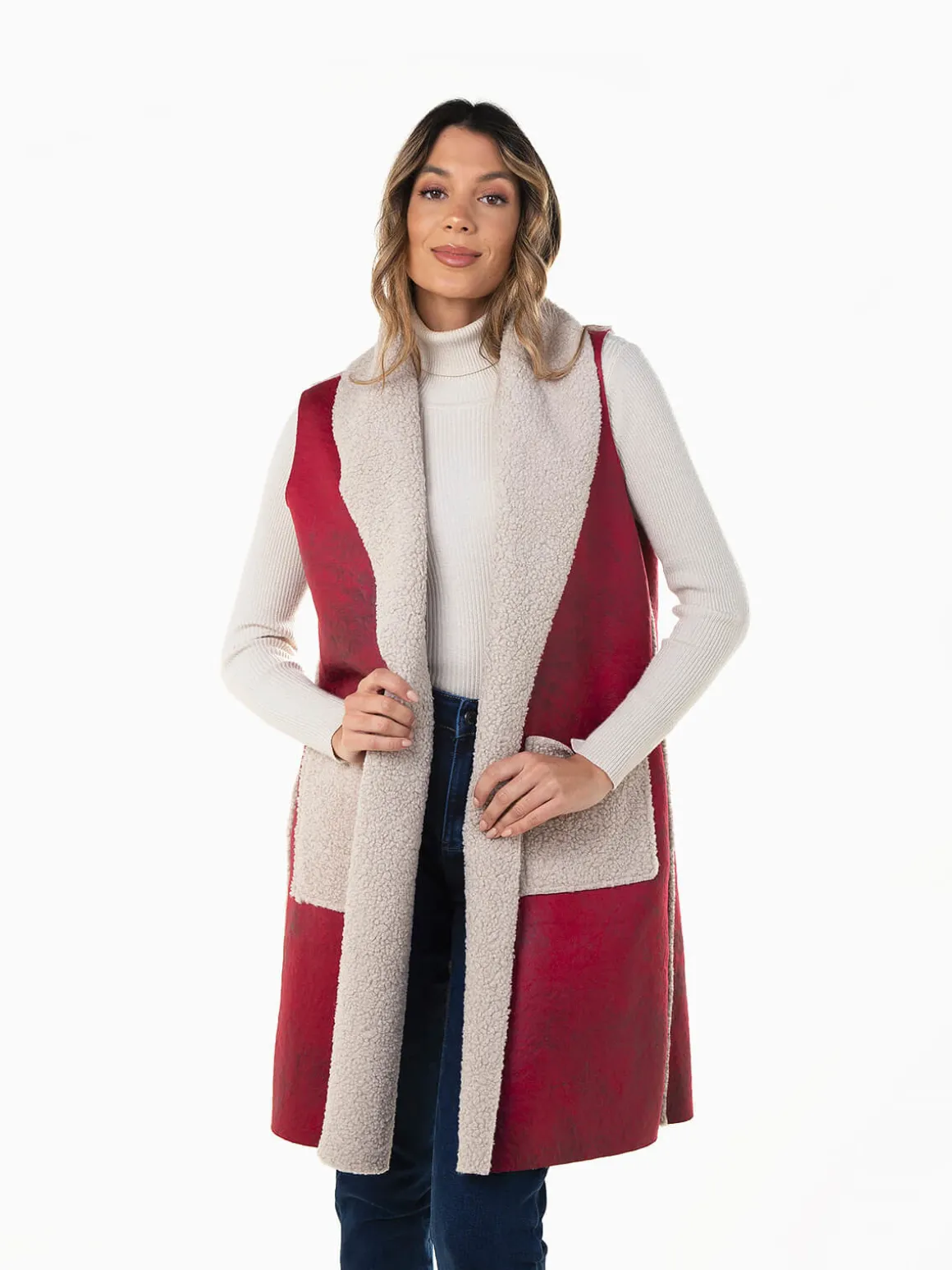 Colete comprido com forro efeito borrego