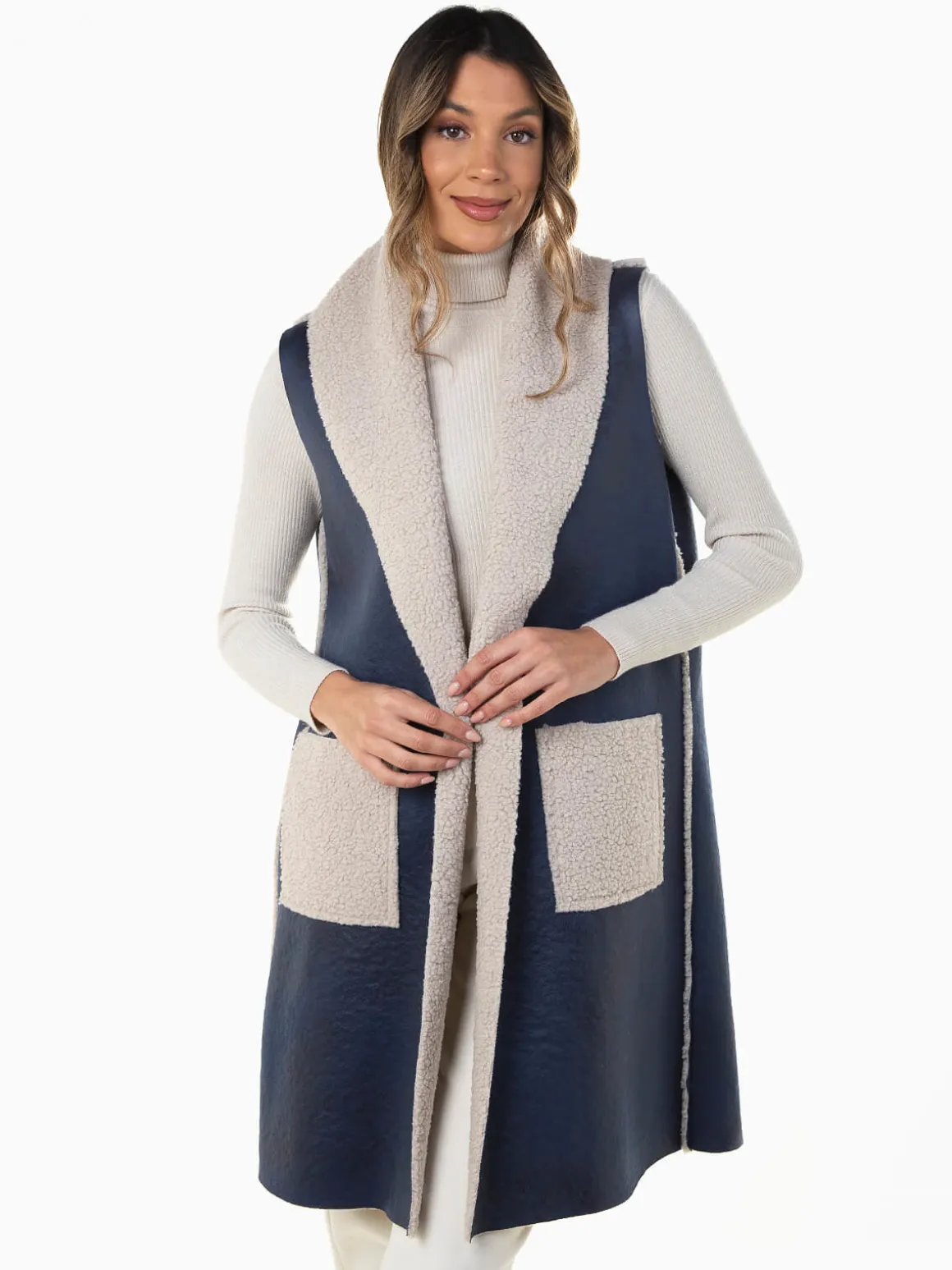 Colete comprido com forro efeito borrego