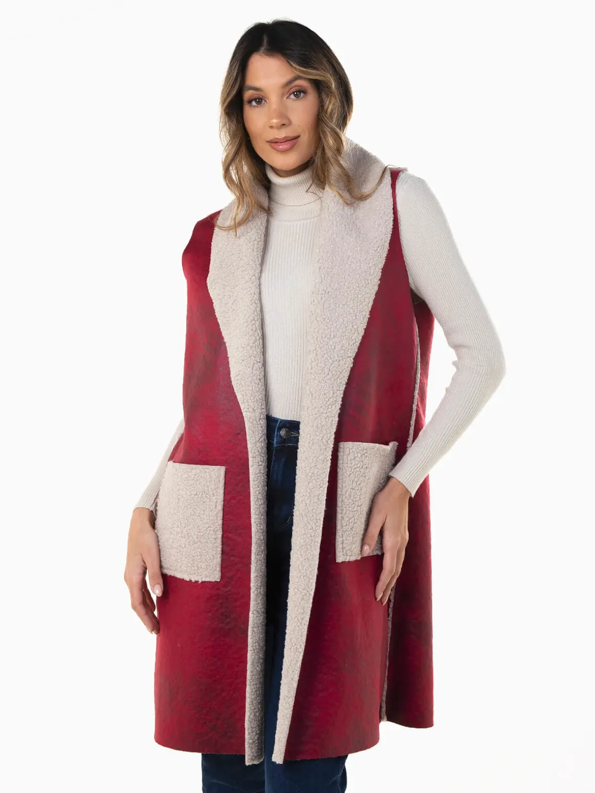 Colete comprido com forro efeito borrego