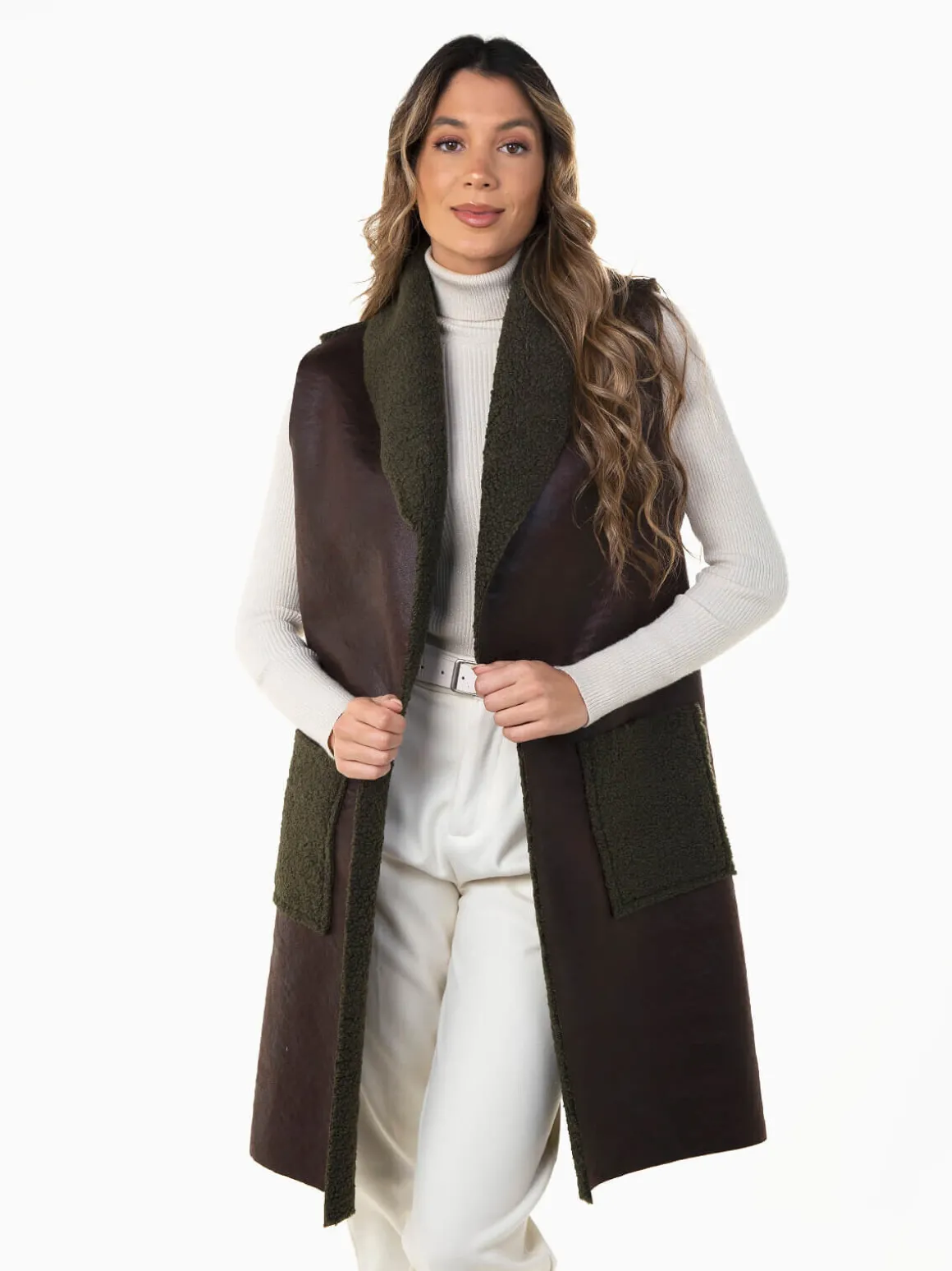 Colete comprido com forro efeito borrego