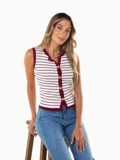 Colete malha riscas decote redondo