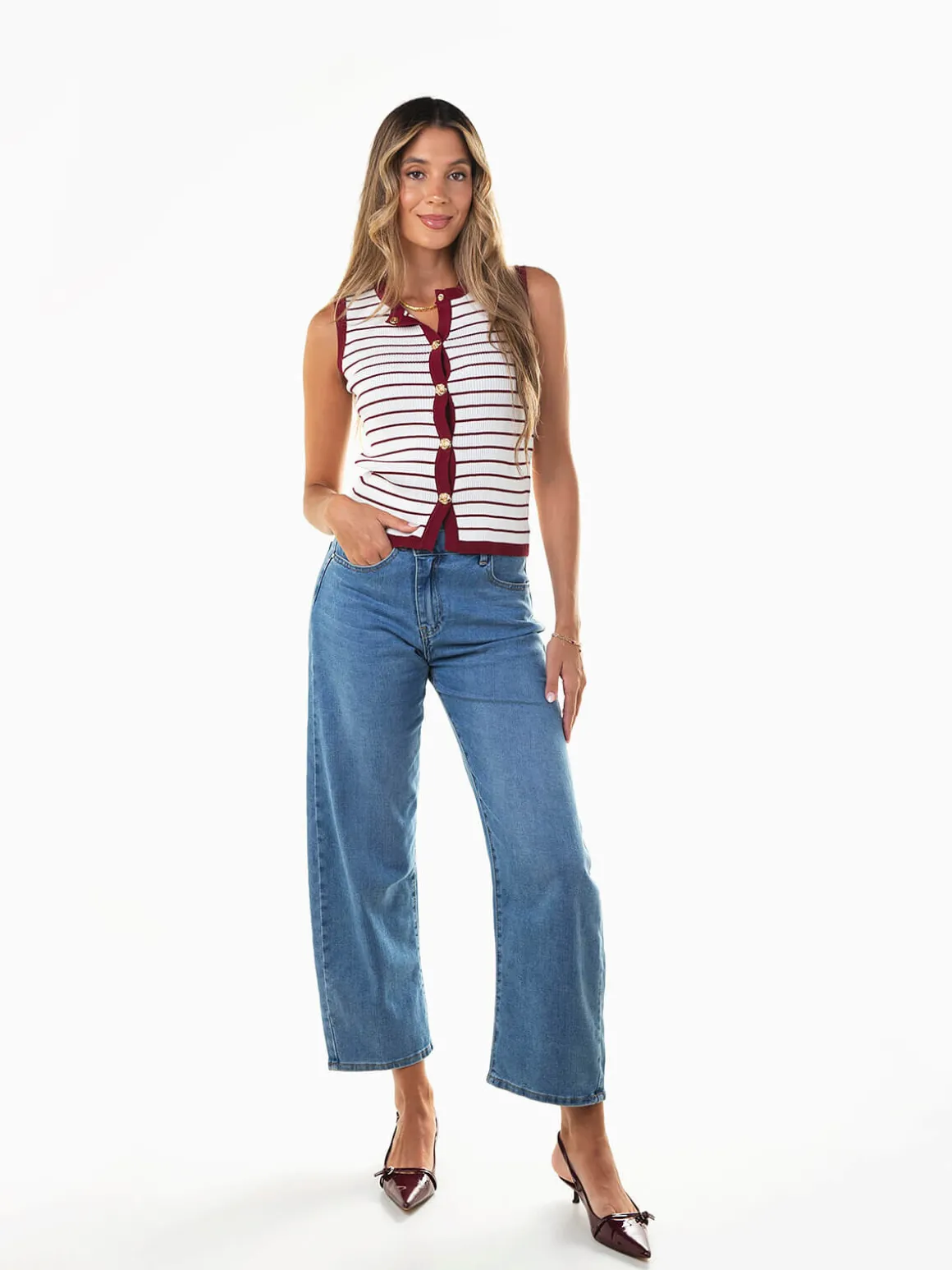 Colete malha riscas decote redondo