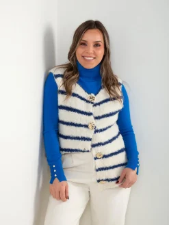 Colete malha às riscas com botões dourados