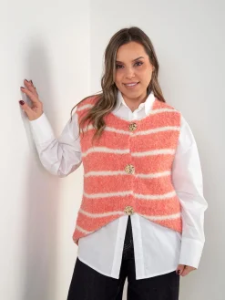 Colete malha às riscas com botões dourados