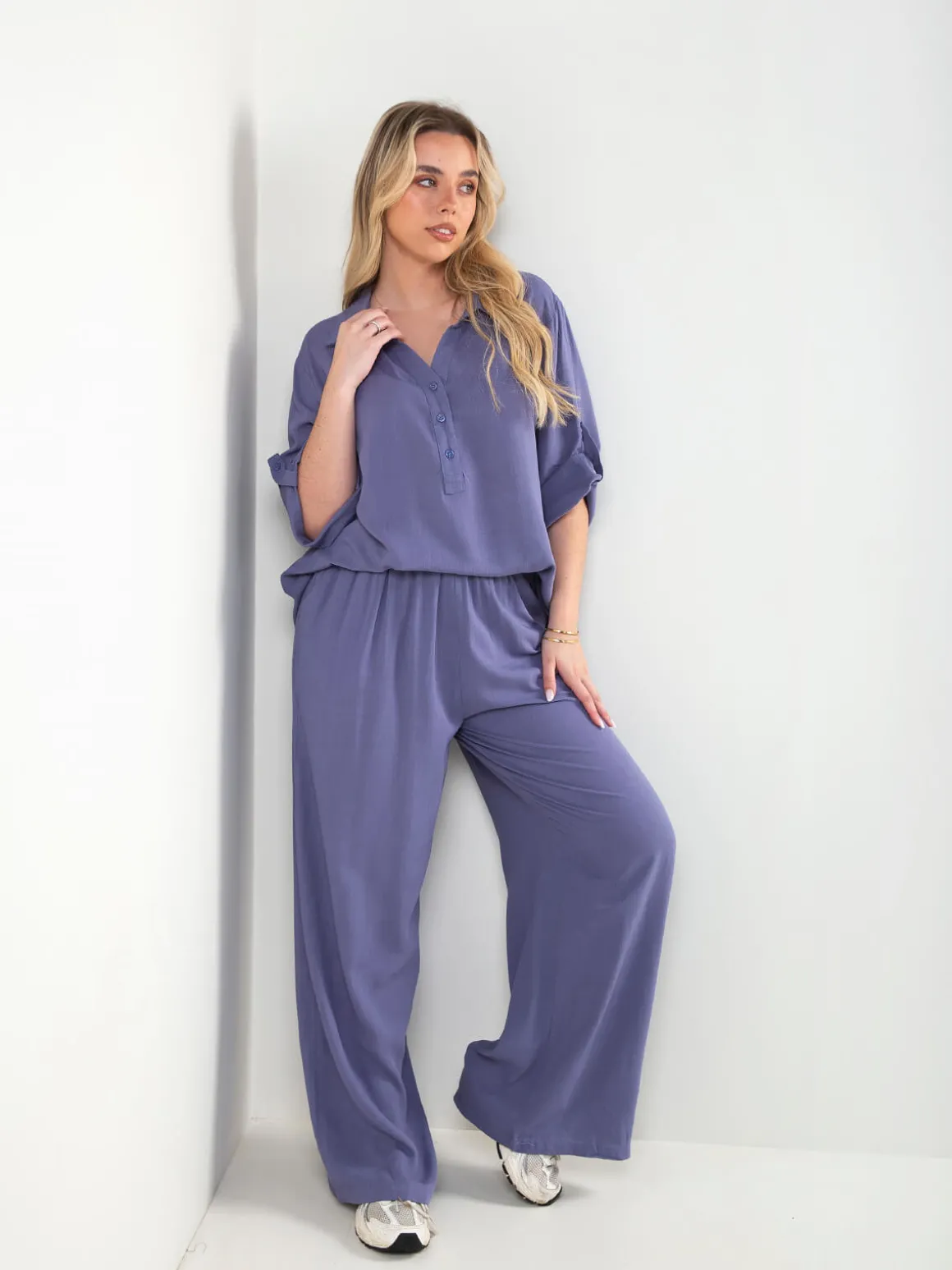 Conjunto efeito linho blusa e calças