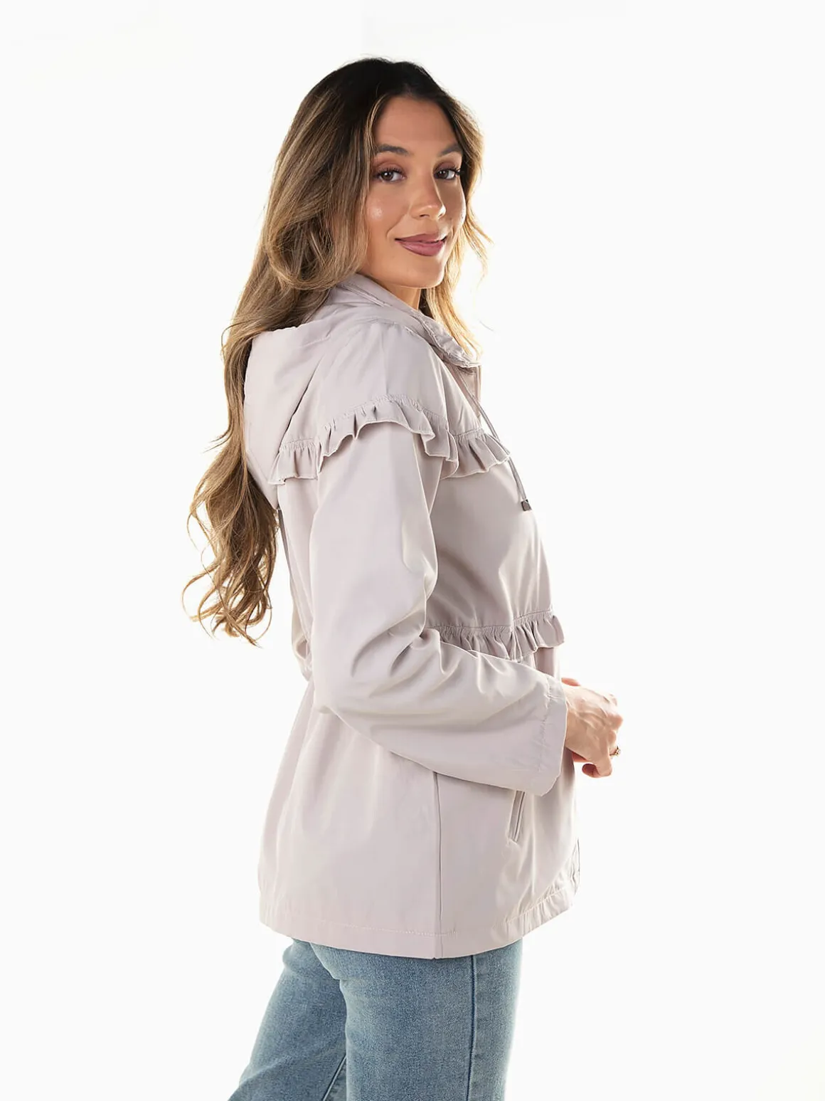 Parka com capuz encaixe folhos