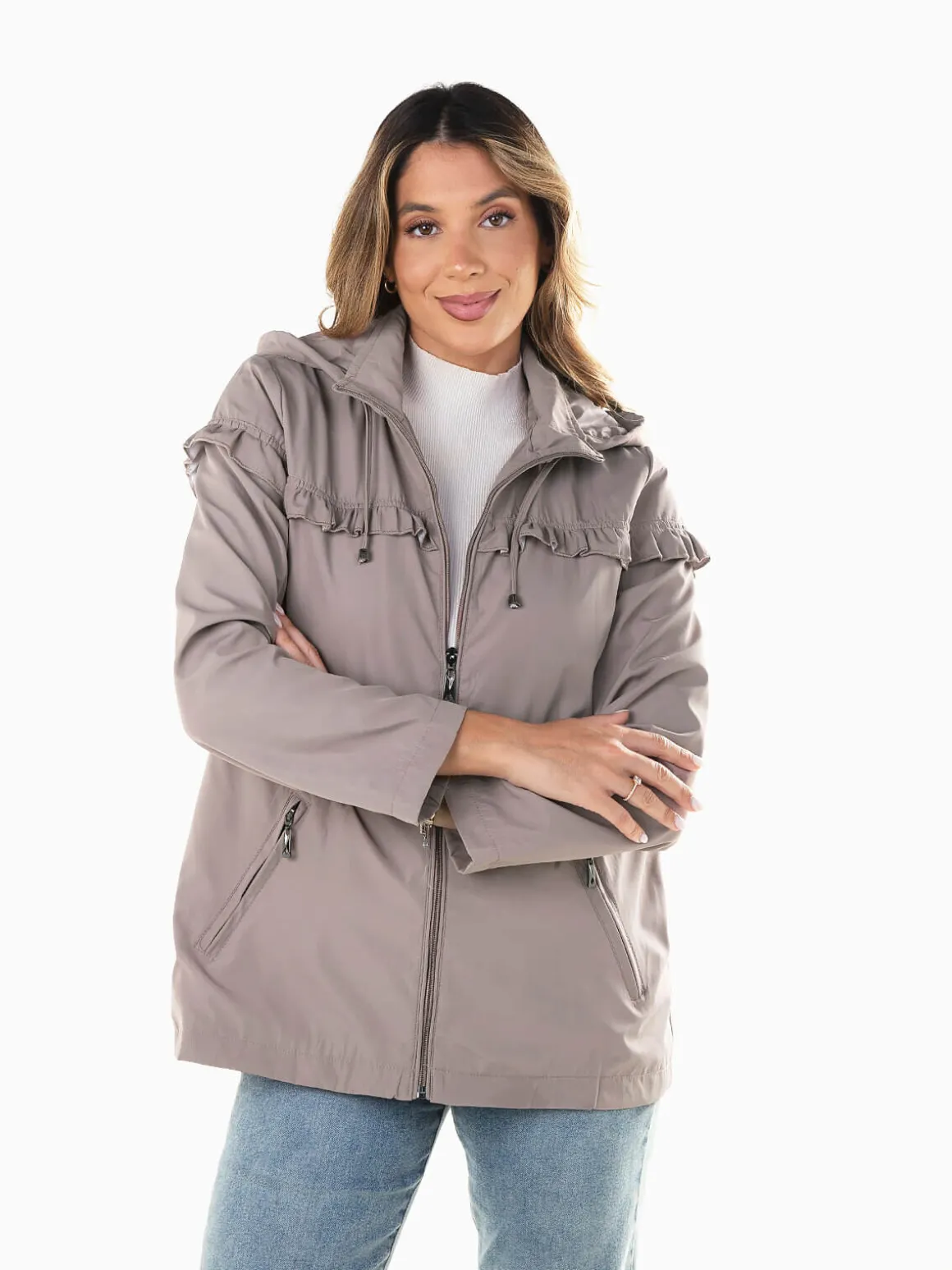 Parka com capuz encaixe folhos