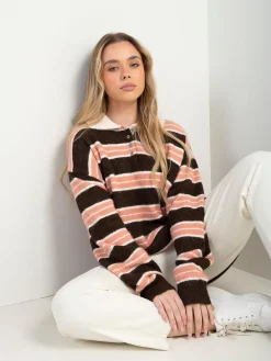 Polo malha às riscas castanho e rosa