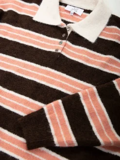 Polo malha às riscas castanho e rosa