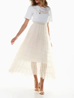 Saia tule comprida com folhos e corações