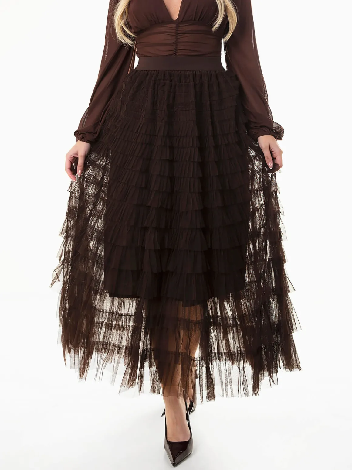 Saia tule comprida com folhos