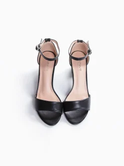 Sandálias tacão preta efeito pele