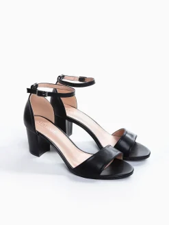 Sandálias tacão preta efeito pele