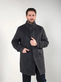 Sobretudo xadrez cinza escuro com gola subida