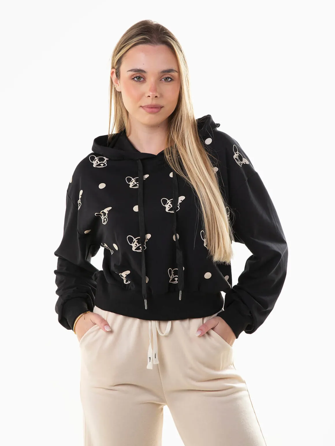 Sweatshirt capuz curta com estampado