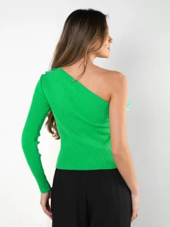 Top assimétrico malha canelada com tule