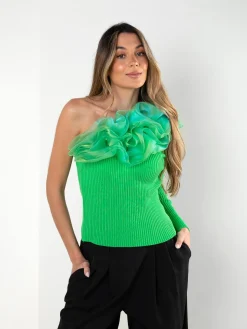 Top assimétrico malha canelada com tule