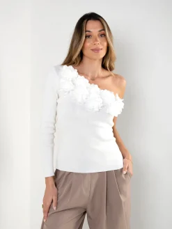 Top assimétrico pérola com flores