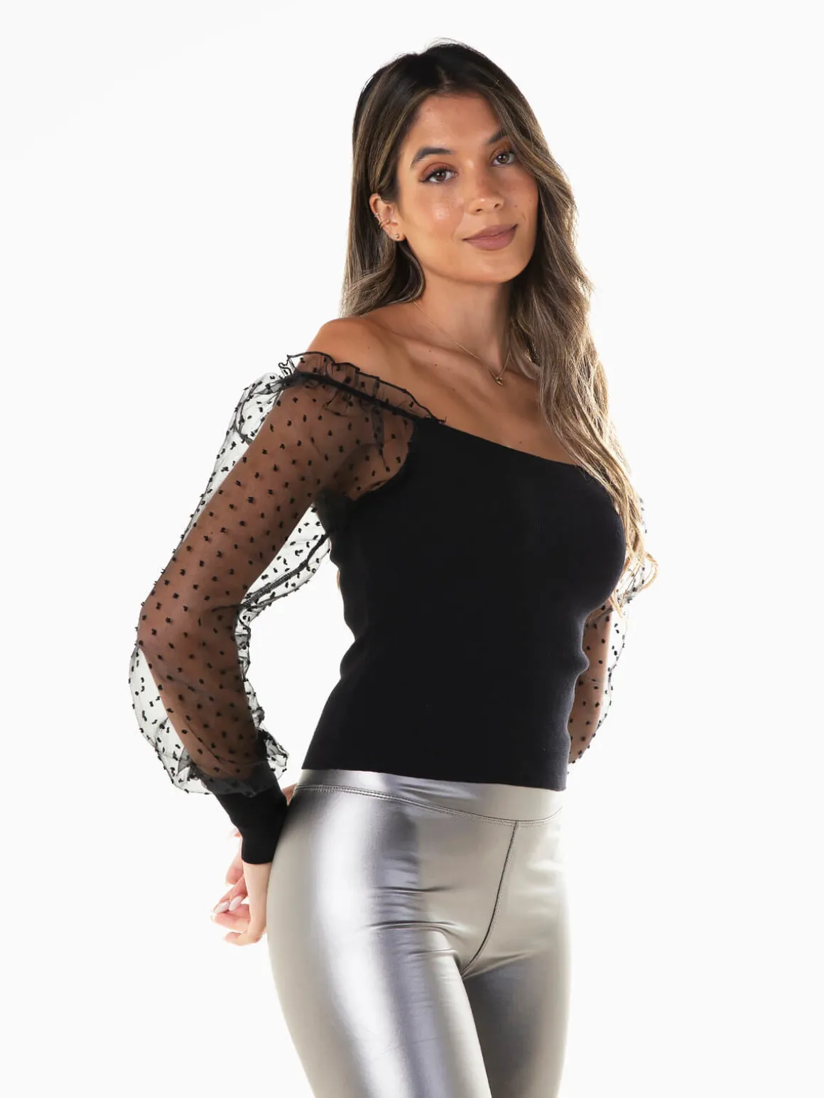 Top malha manga tule