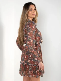 Vestido curto floral manga comprida