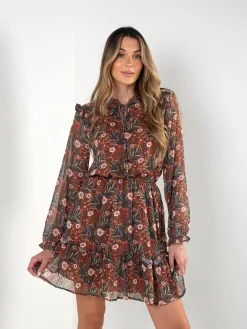 Vestido curto floral manga comprida