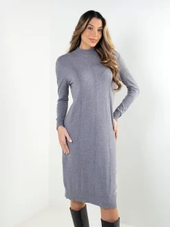 Vestido malha entrançada midi gola perkins