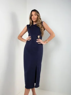Vestido midi com detalhe dourado