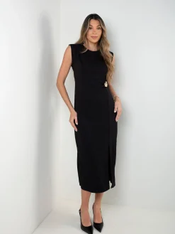 Vestido midi com detalhe dourado